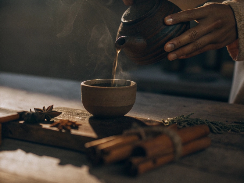 Ayurvedisches Tee-Ritual — Gewürztee mit Kardamom, Zimt und Ingwer