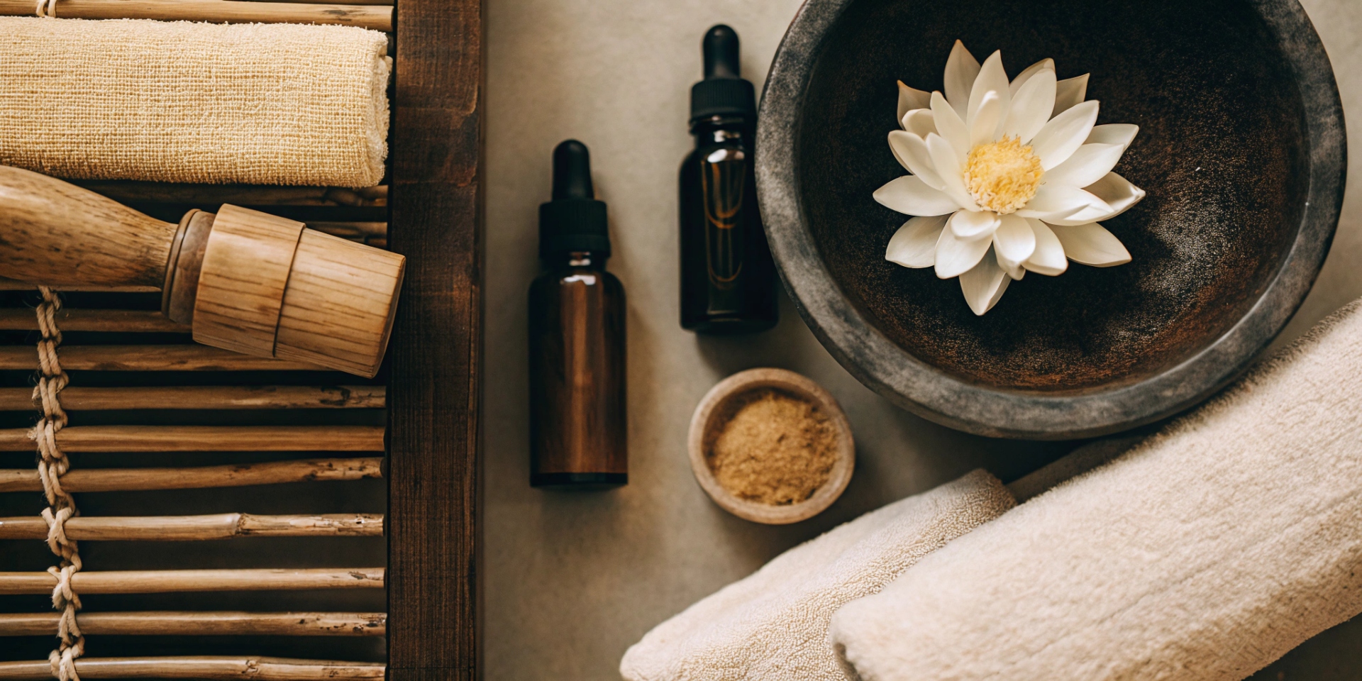 Ayurvedische Öle, Kräuter und Blüten — Flat-Lay-Komposition zum Thema Ayurveda