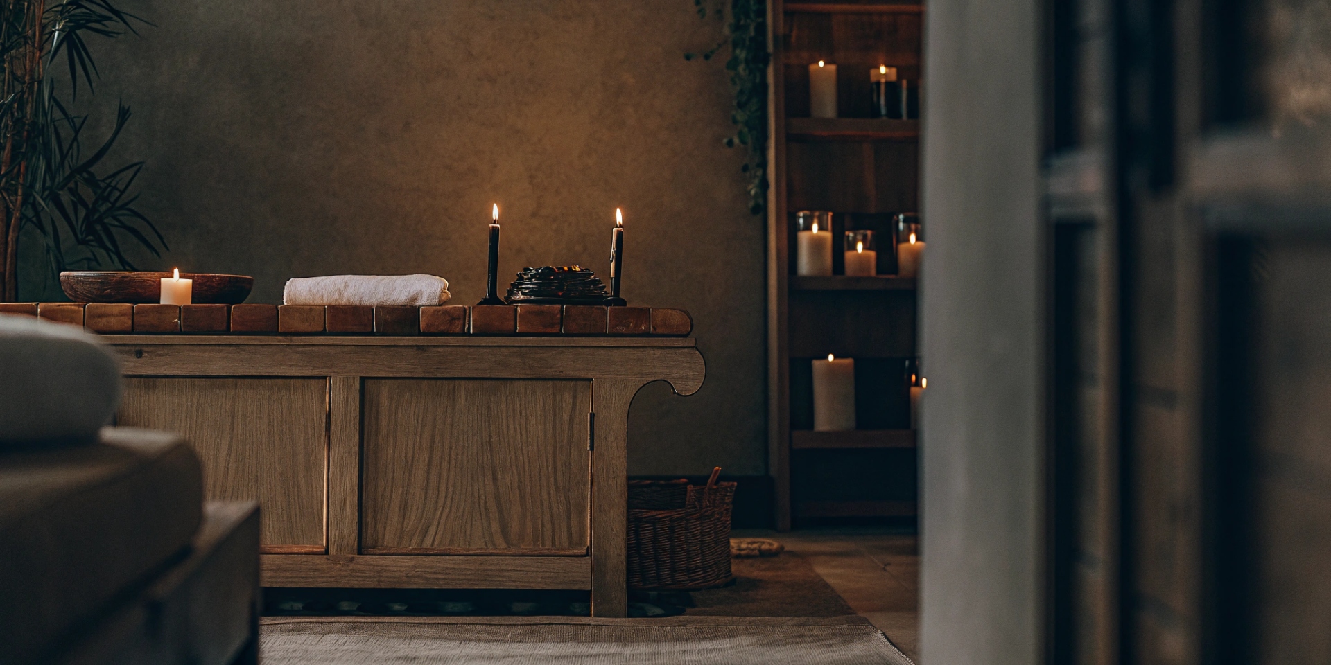 Gemütlicher Ayurveda-Spa-Raum — warme Atmosphäre mit Kerzen und natürlichen Materialien