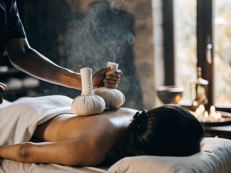 Kräuterstempelmassage — ayurvedische Massage mit warmen Kräuterbeuteln