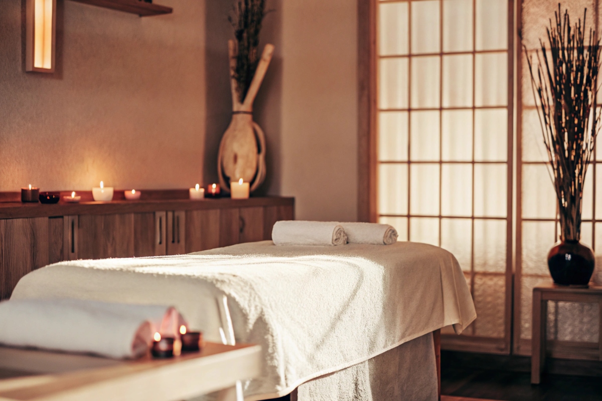 Ayurvedischer Massageraum in Hamburg — Kuschelkiste mit weißen Handtüchern und Kerzen